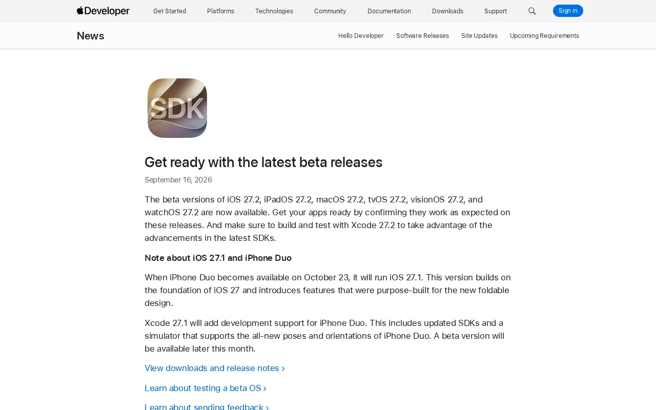 Apple Releases Latest Beta Versions: iOS 27.2 Series Opens for Testing Across All Platforms