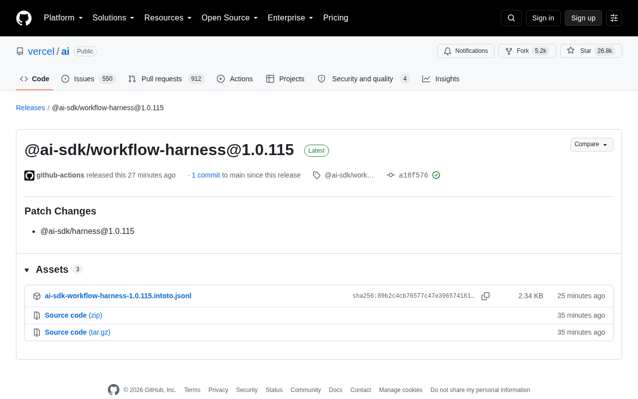 Vercel AI SDK 发布 workflow-harness 1.0.115 补丁更新