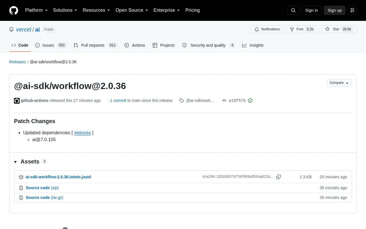 Vercel AI SDK Releases @ai-sdk/workflow 2.0.36 Patch Update