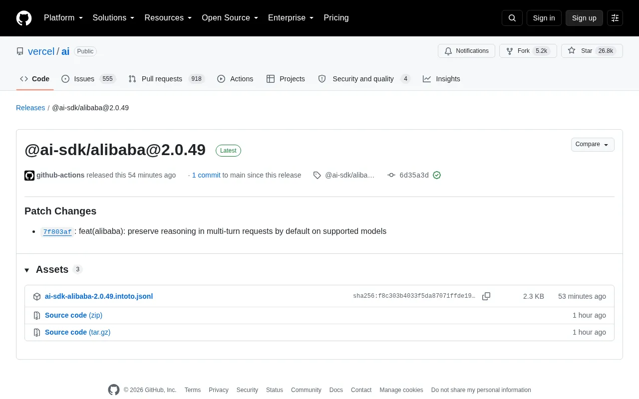 Vercel AI SDK Update: Alibaba Cloud Module Now Preserves Multi-Turn Reasoning Context by Default