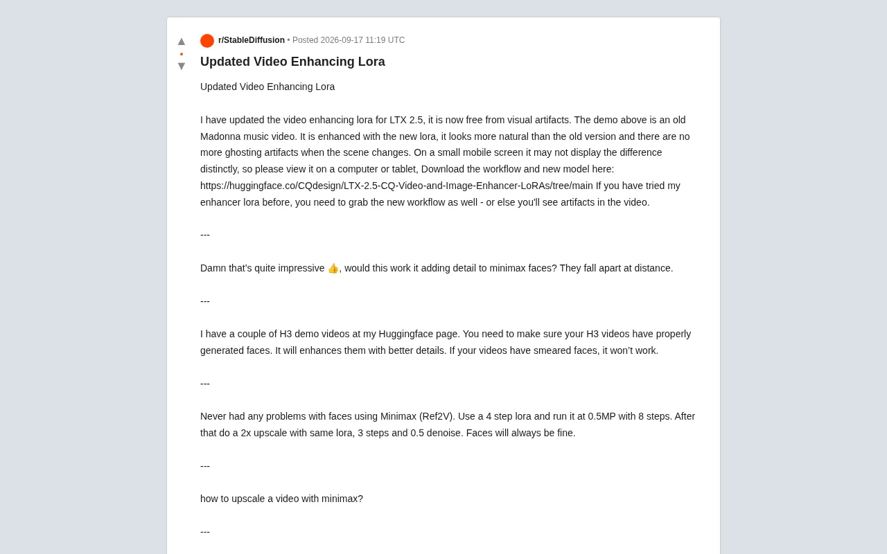 reddit source: Updated Video Enhancing Lora