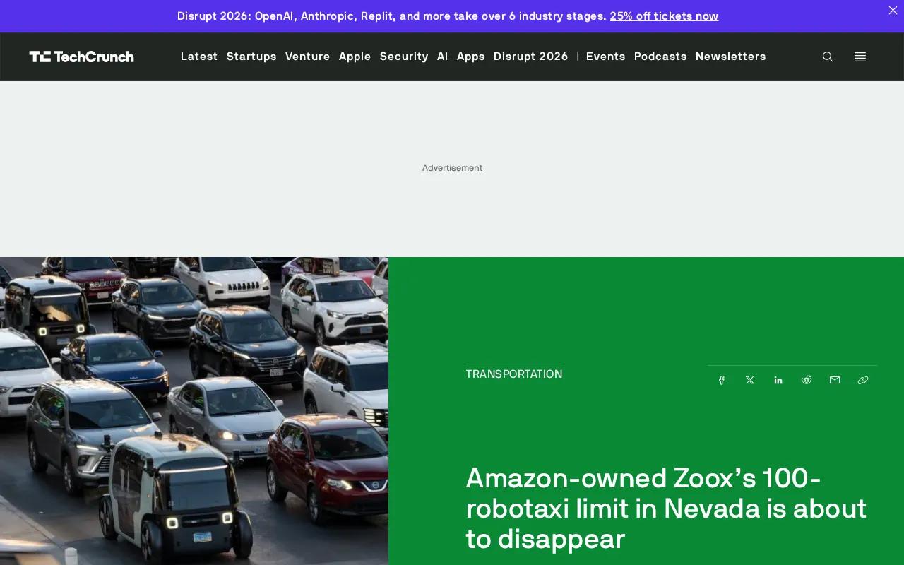 Amazon's Zoox Set to Lift 100-Vehicle Robotaxi Cap in Nevada