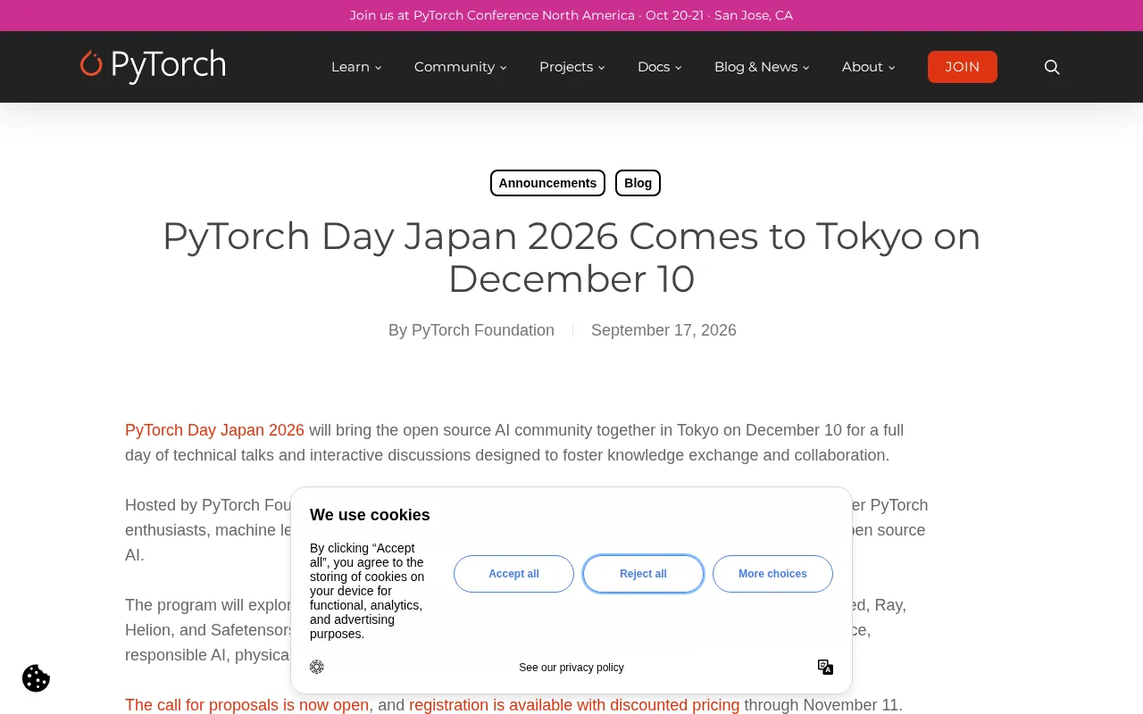 PyTorch Day Japan 2026 Coming to Tokyo on December 10