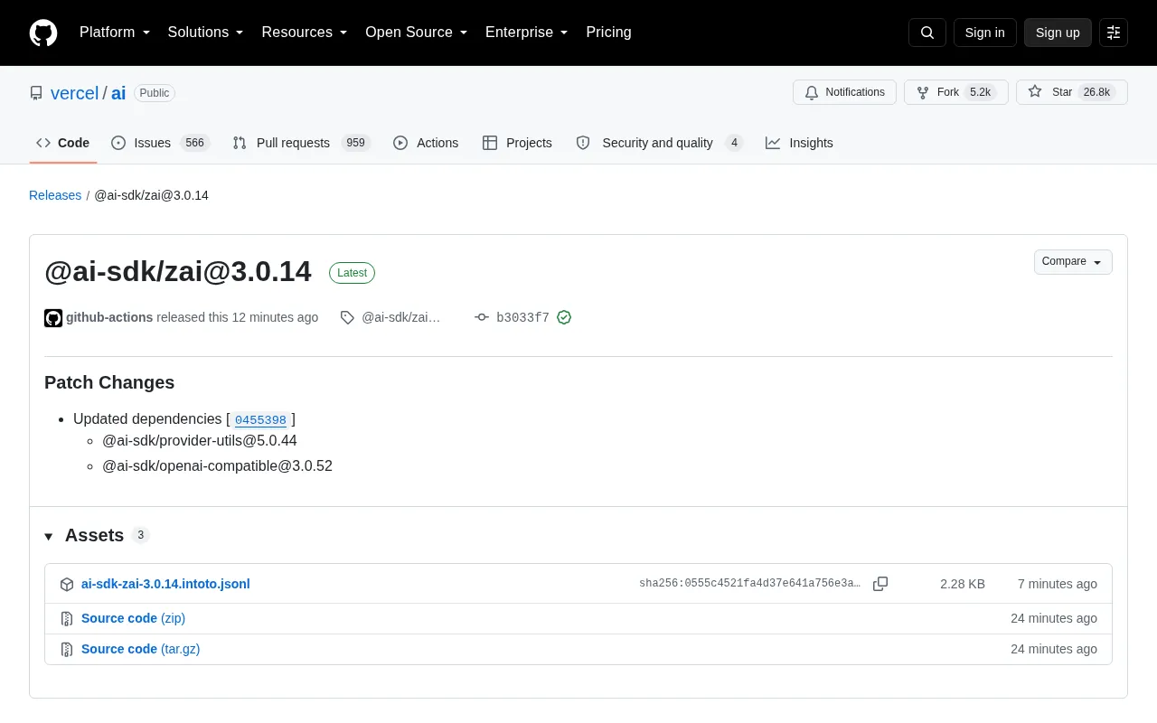 Vercel AI SDK Releases @ai-sdk/zai 3.0.14 Patch Update