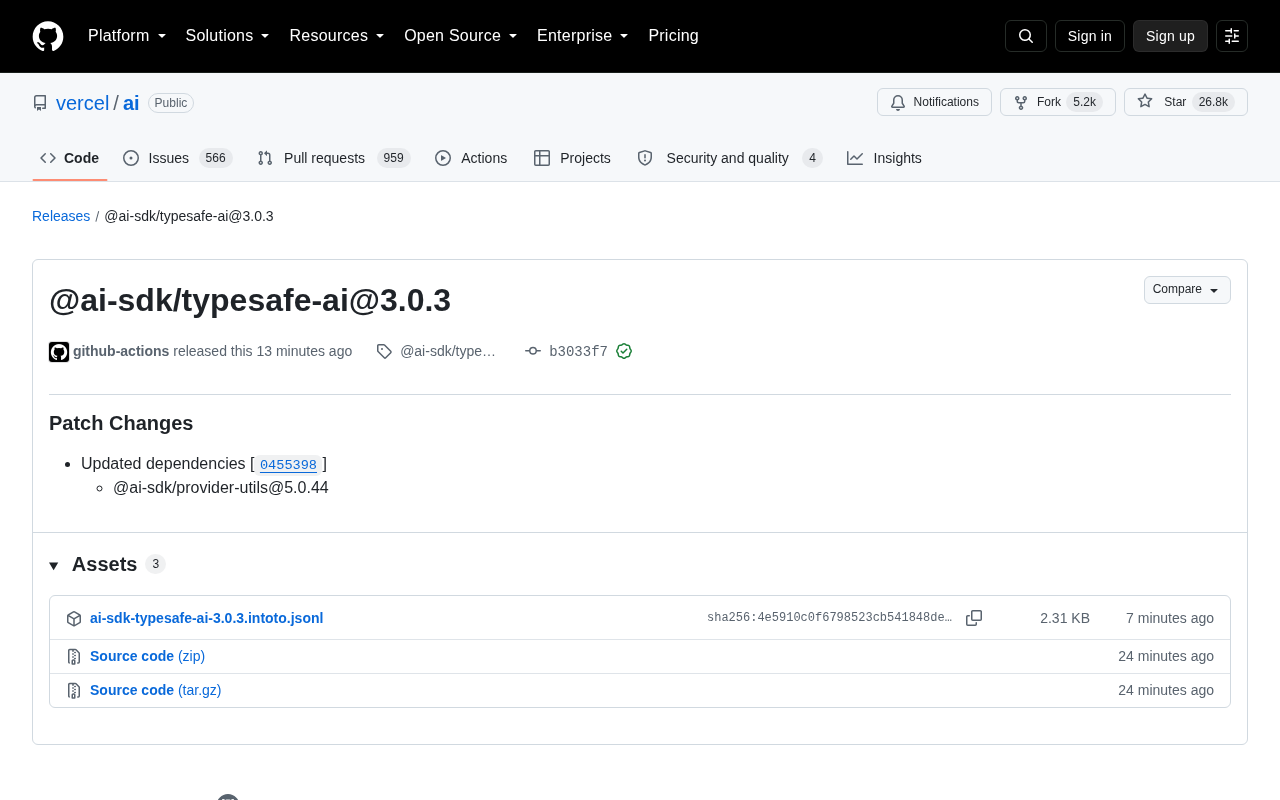 Vercel AI SDK typesafe-ai 3.0.3 发布页面