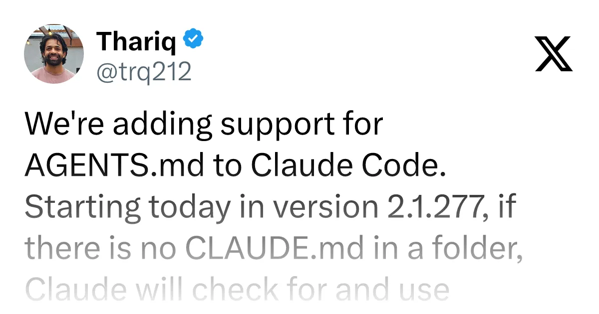 Claude Code supports AGENTS.md