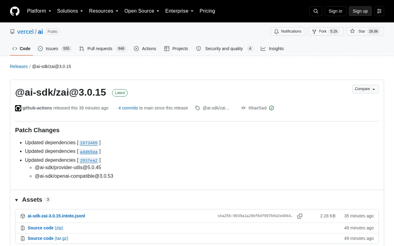 @ai-sdk/zai@3.0.15 Released: Vercel AI SDK Dependency Update Explained