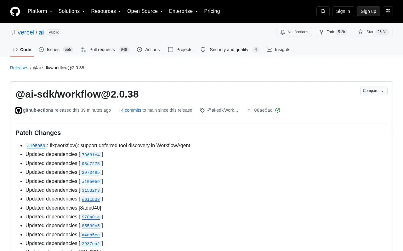 Vercel AI SDK Releases @ai-sdk/workflow 2.0.38: Fix for Deferred Tool Discovery