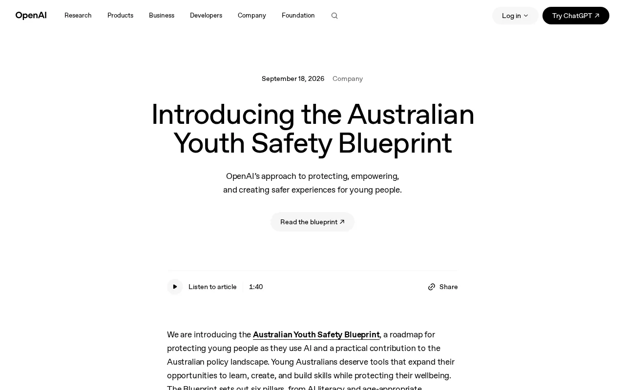 OpenAI Launches Australian Youth Safety Blueprint: Six Pillars to Protect Minors' AI Experience