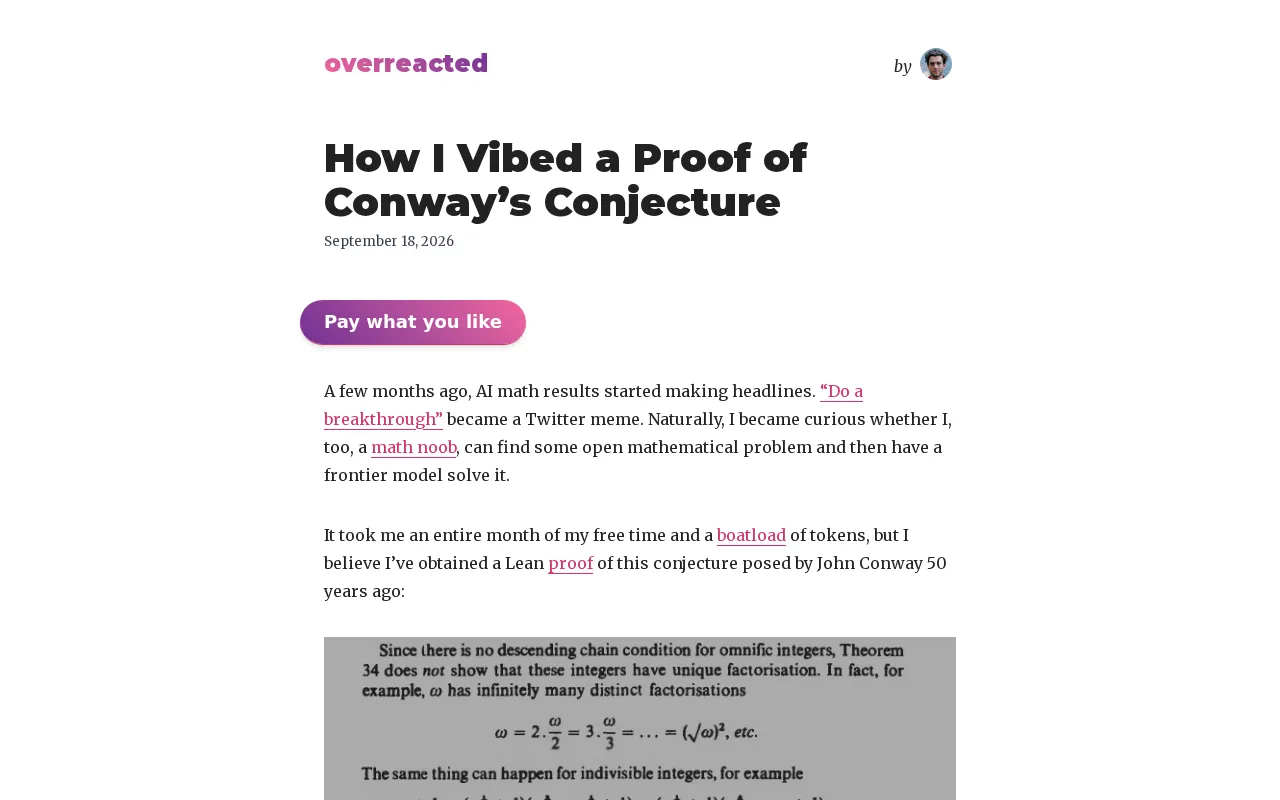 Using AI to Tackle Conway's Conjecture: Vibe Coding Enters the World of Mathematical Proof