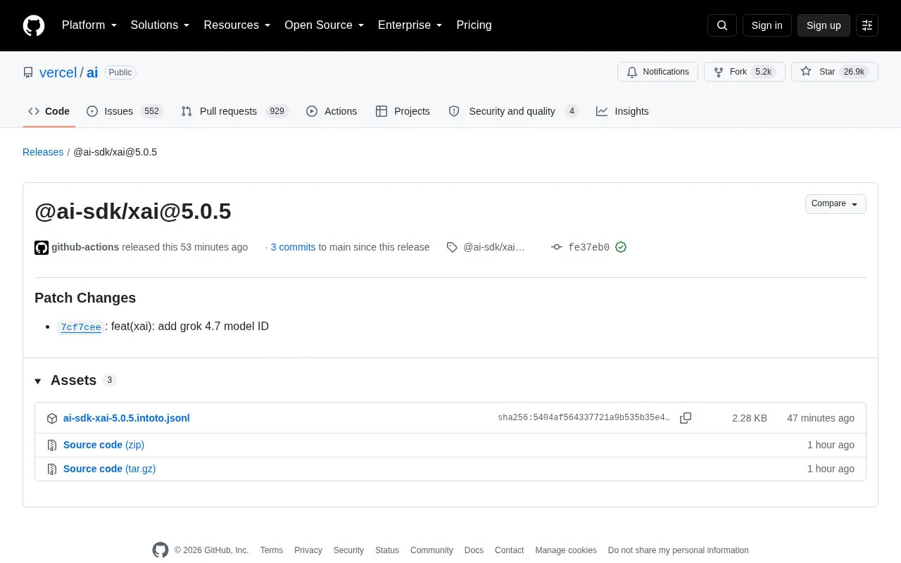 Vercel AI SDK Releases @ai-sdk/xai 5.0.5: Adds Support for Grok 4.7 Model ID