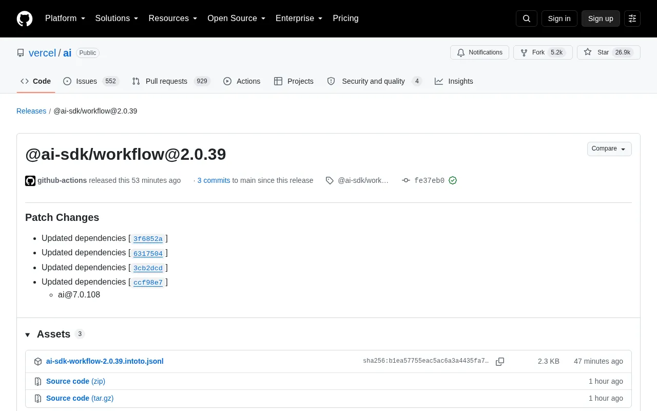 Vercel AI SDK Releases @ai-sdk/workflow 2.0.39 Patch Update
