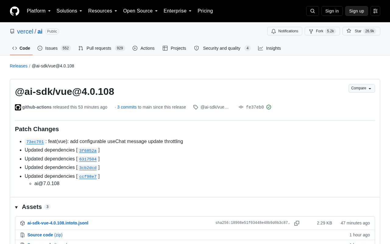 Vercel AI SDK Vue 4.0.108 Released: useChat Gains Configurable Message Throttling
