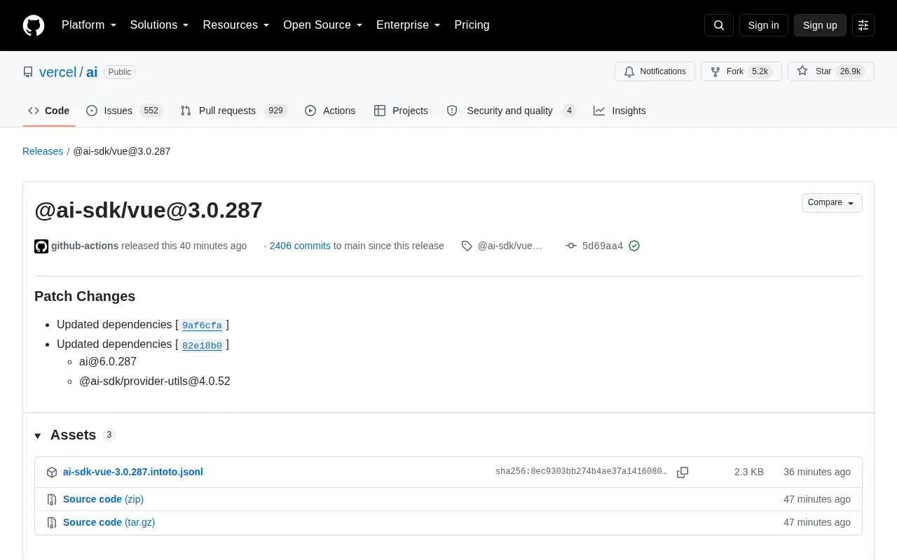 @ai-sdk/vue@3.0.287 Released: A Patch Update for the Vercel AI SDK