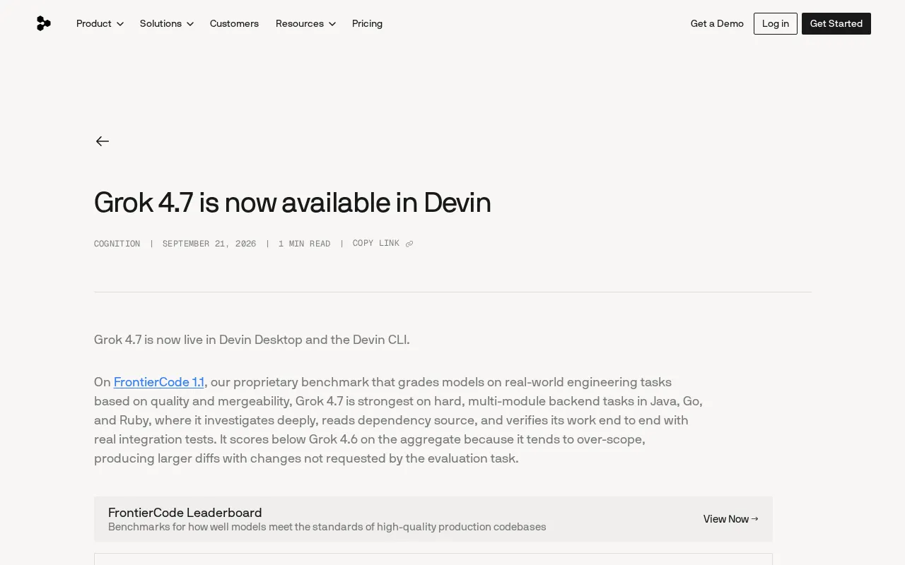 Grok 4.7 Arrives on Devin: Standout Performance on Complex Backend Tasks