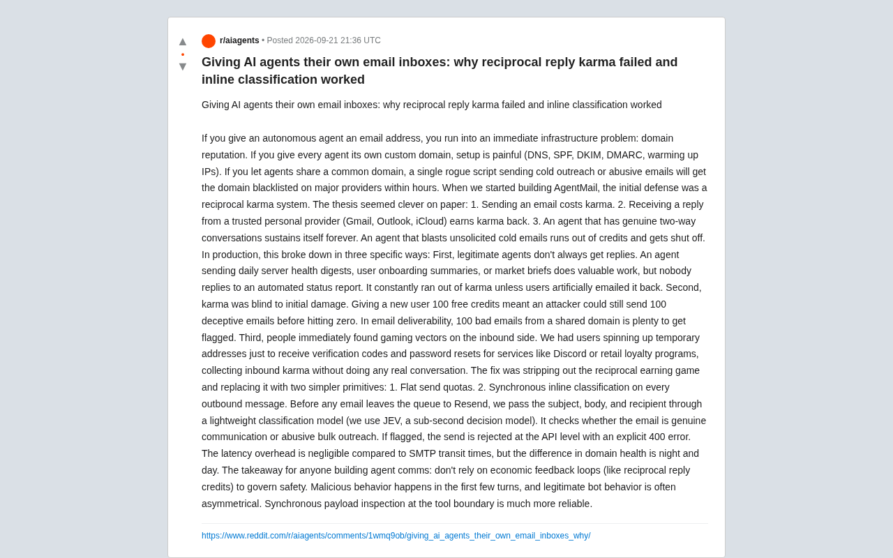 AI Agent Email in Production: Why Reply-Based Karma Failed and Inline Classification Won