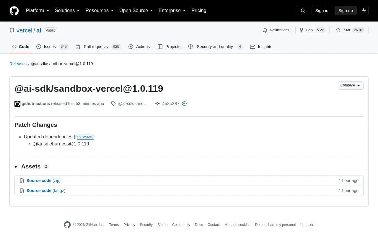 Vercel AI SDK Releases sandbox-vercel@1.0.119 Patch Update