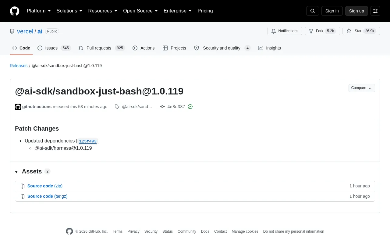 Vercel AI SDK Releases sandbox-just-bash 1.0.119 Patch Update
