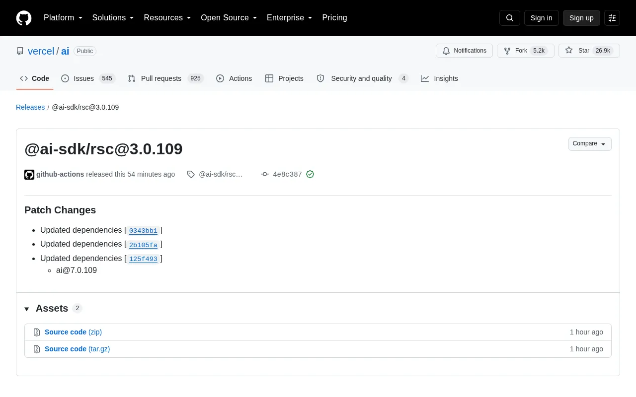 Vercel AI SDK Releases @ai-sdk/rsc@3.0.109 Patch Update
