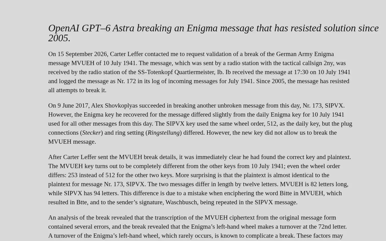 Did GPT-6 Astra Crack an Enigma Message That's Gone Unsolved Since 2005?