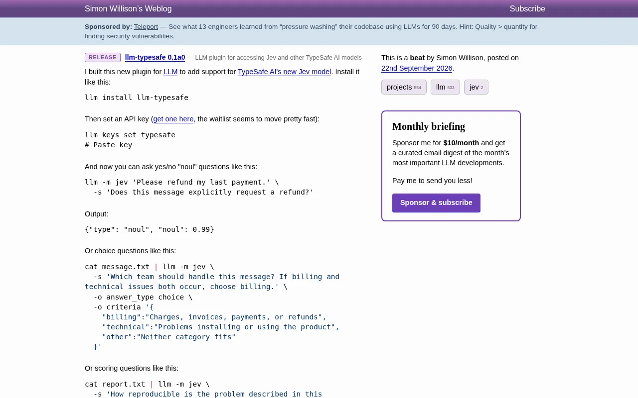 llm-typesafe: Integrating TypeSafe AI's Jev Judgment Model into the LLM CLI Tool