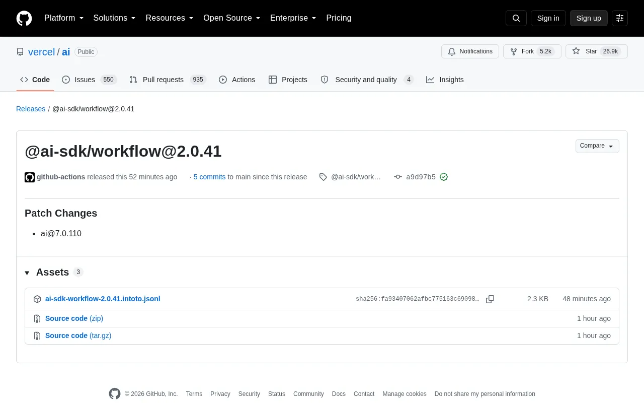 Vercel AI SDK workflow release page