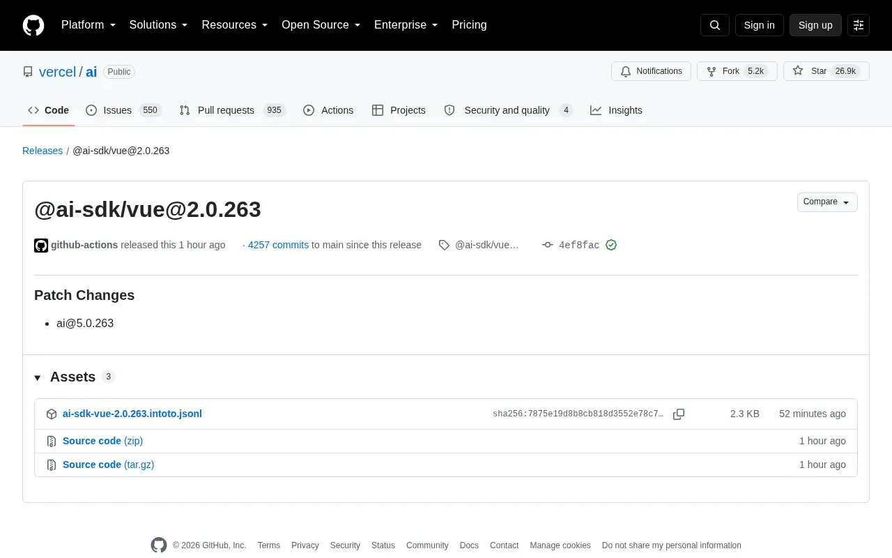 Vercel AI SDK Releases @ai-sdk/vue 2.0.263 Patch Update