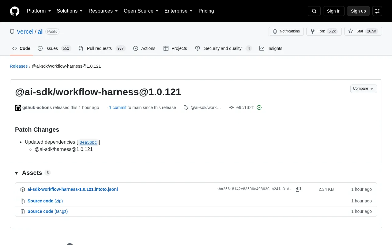 Vercel AI SDK Releases workflow-harness 1.0.121 Patch Update