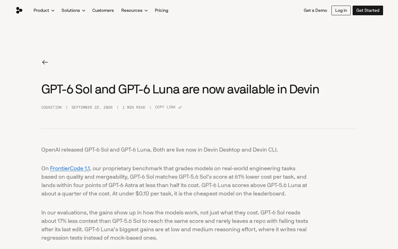 GPT-6 Sol and Luna Land on Devin: New Coding Models with Dramatically Lower Costs