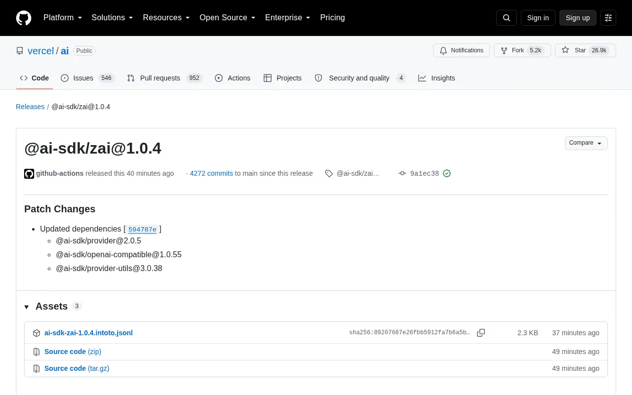 @ai-sdk/zai 1.0.4 Released: A Deep Dive into Vercel AI SDK Dependency Updates