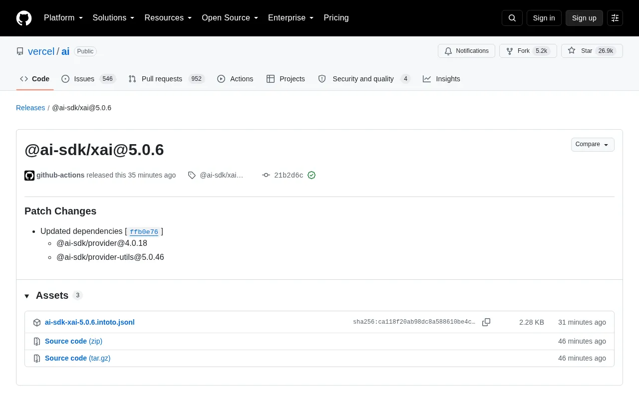 Vercel AI SDK Releases @ai-sdk/xai 5.0.6 Patch Update