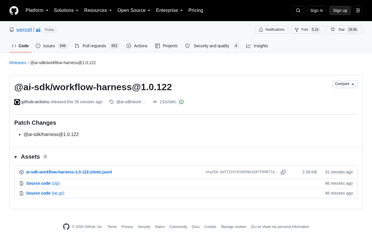 Vercel AI SDK 发布 workflow-harness@1.0.122 补丁更新