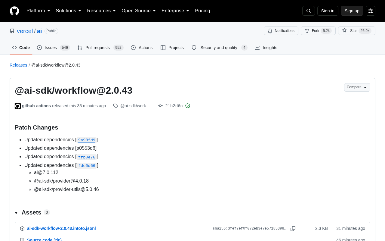 Vercel AI SDK Releases @ai-sdk/workflow 2.0.43 Patch Update