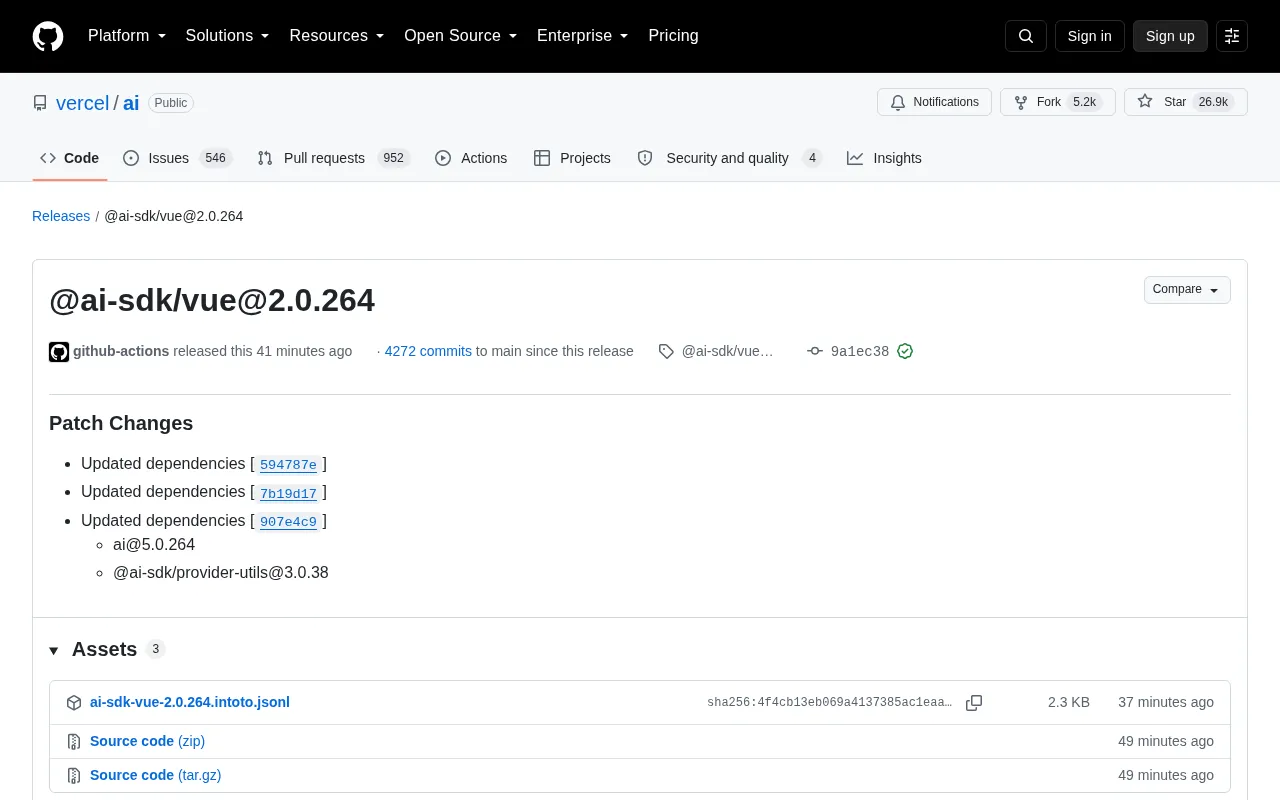 @ai-sdk/vue 2.0.264 Released: Dependency Sync Update Explained