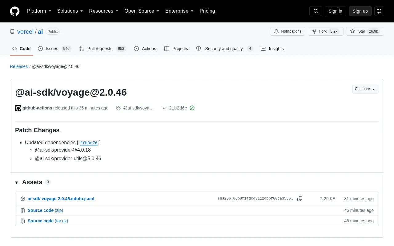 @ai-sdk/voyage 2.0.46 Released: A Dependency Update Patch