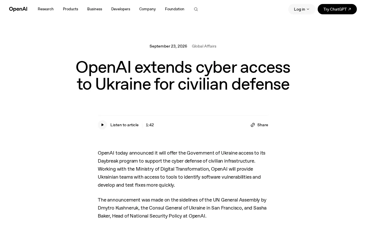 OpenAI Extends Daybreak Program to Ukraine to Support Civilian Infrastructure Cyber Defense