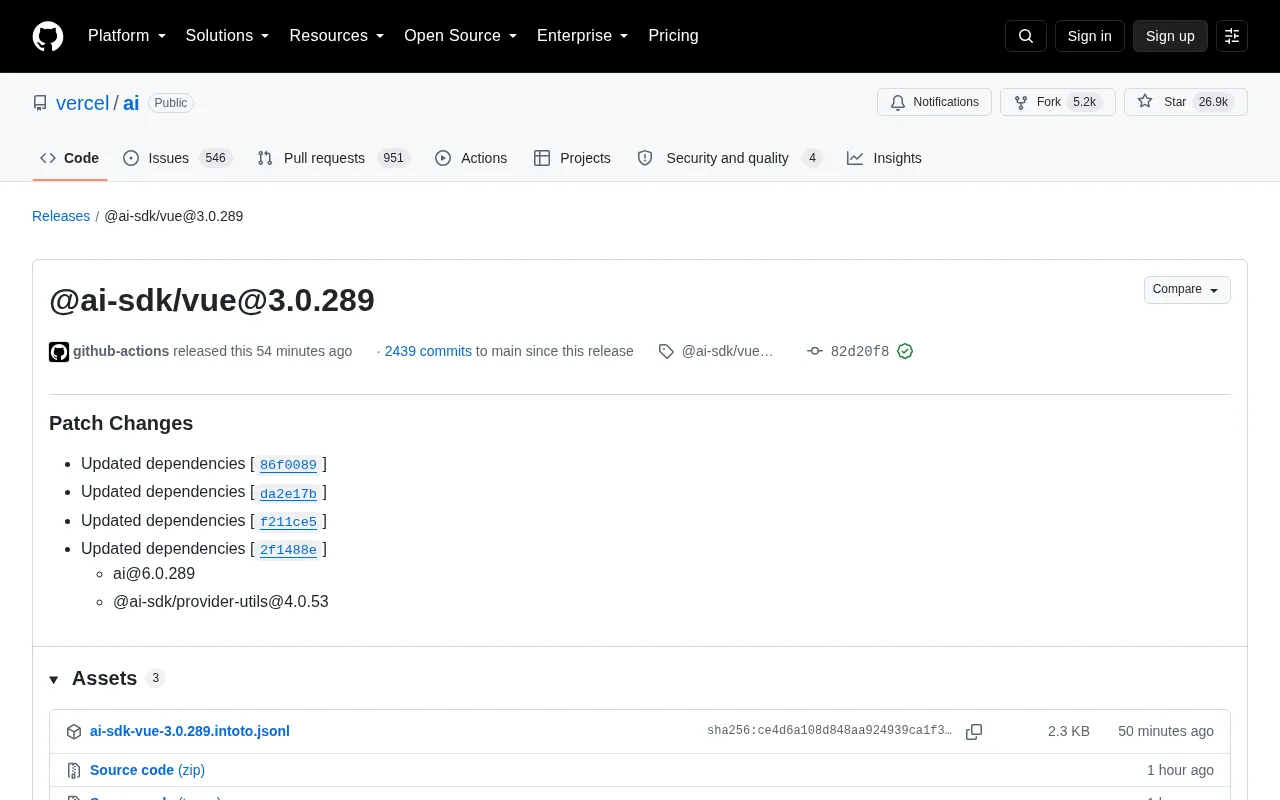 Vercel AI SDK Releases @ai-sdk/vue@3.0.289 Patch Update