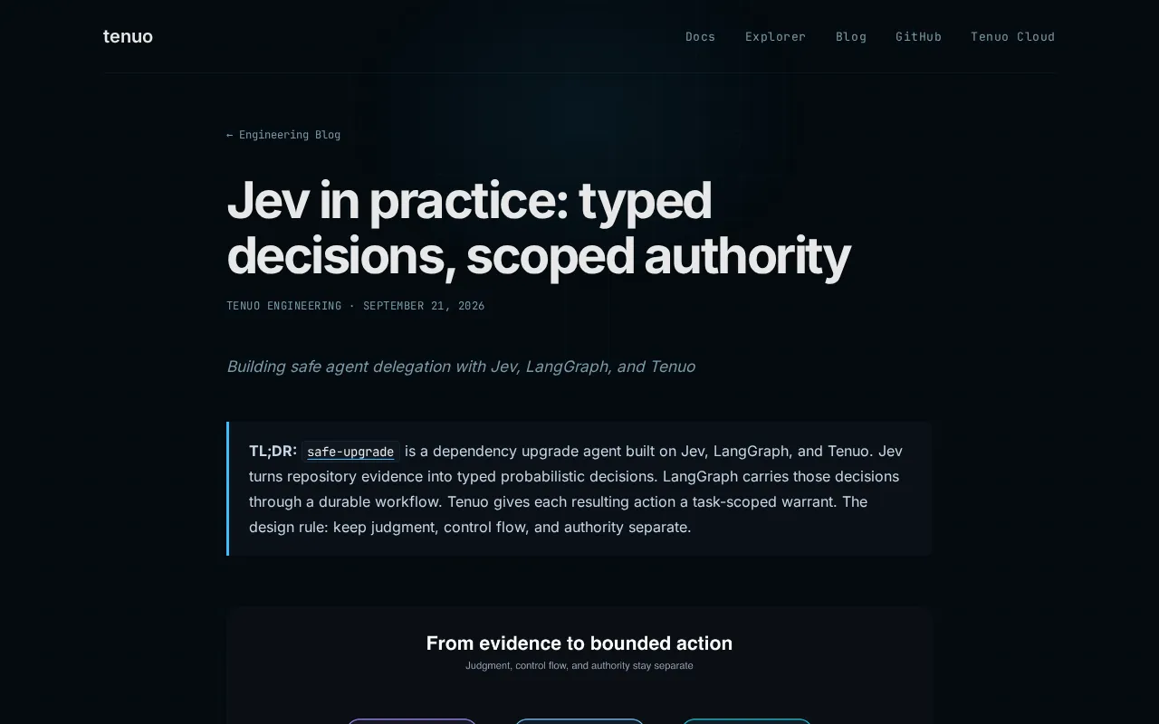 Jev's Approach: Typed Decisions and Scoped Authority as a Governance Framework for AI Agents