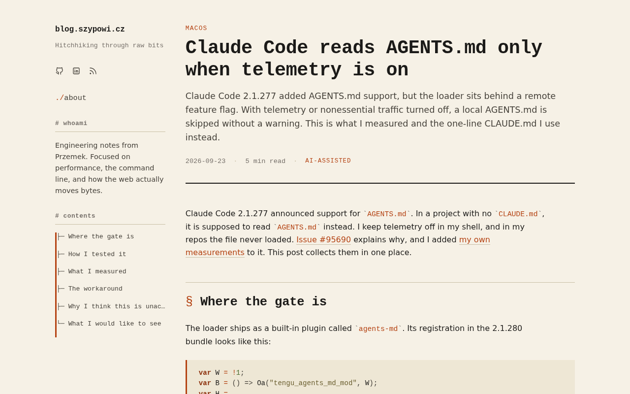 Claude Code Allegedly Only Reads AGENTS.md When Telemetry Is Enabled