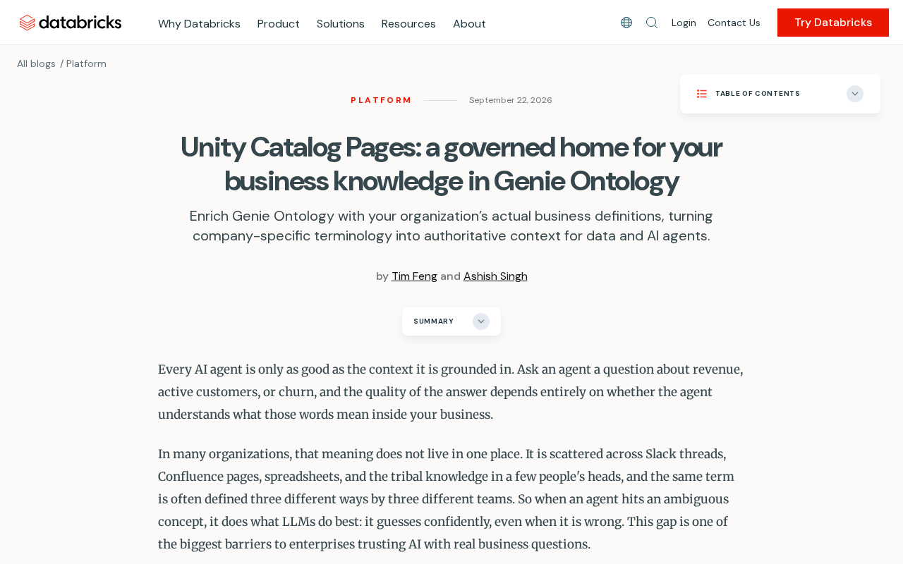 Unity Catalog Pages: A Governed Business Knowledge Hub for AI Agents