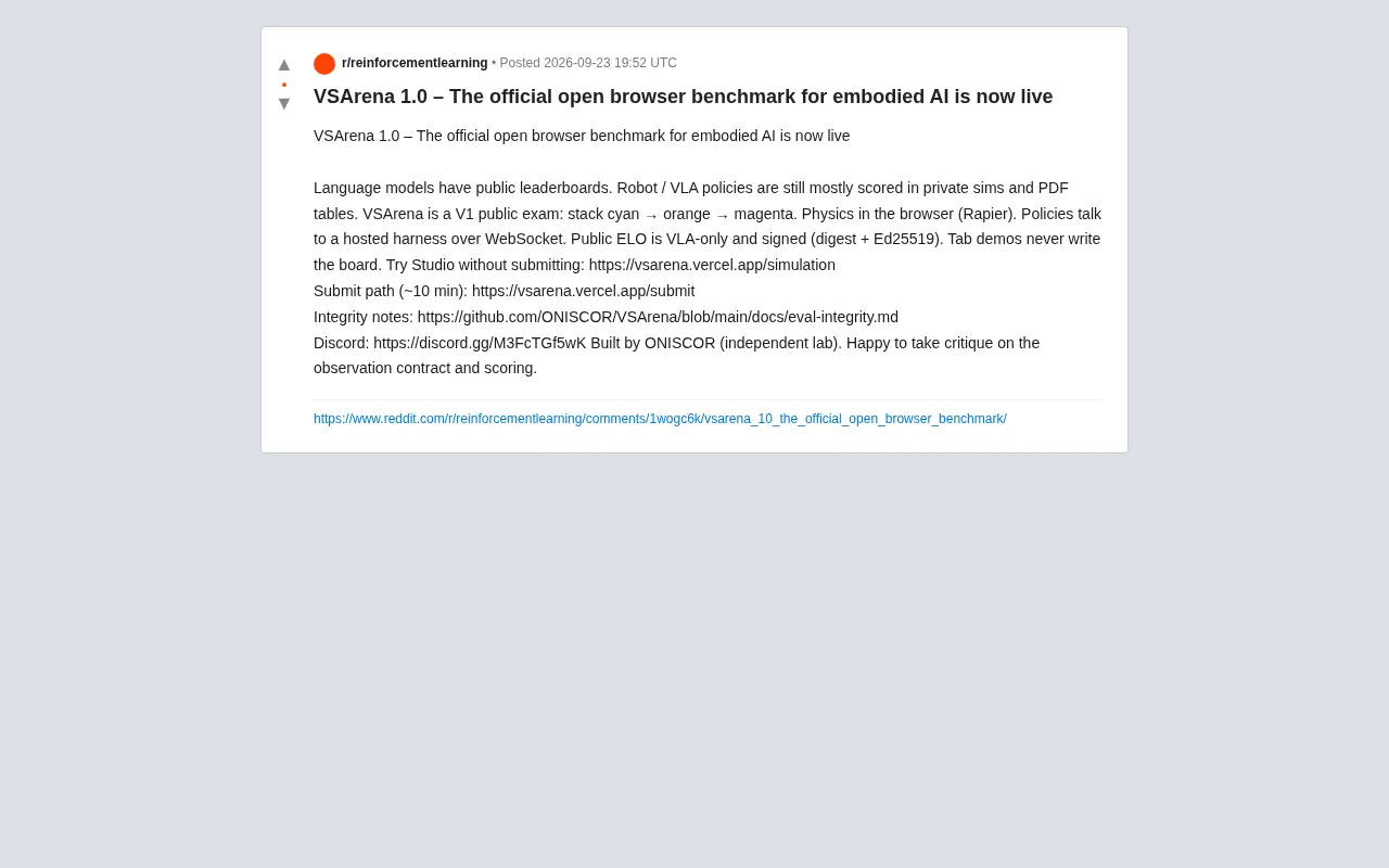 VSArena 1.0 Launches: An Open Browser Benchmark for Embodied AI