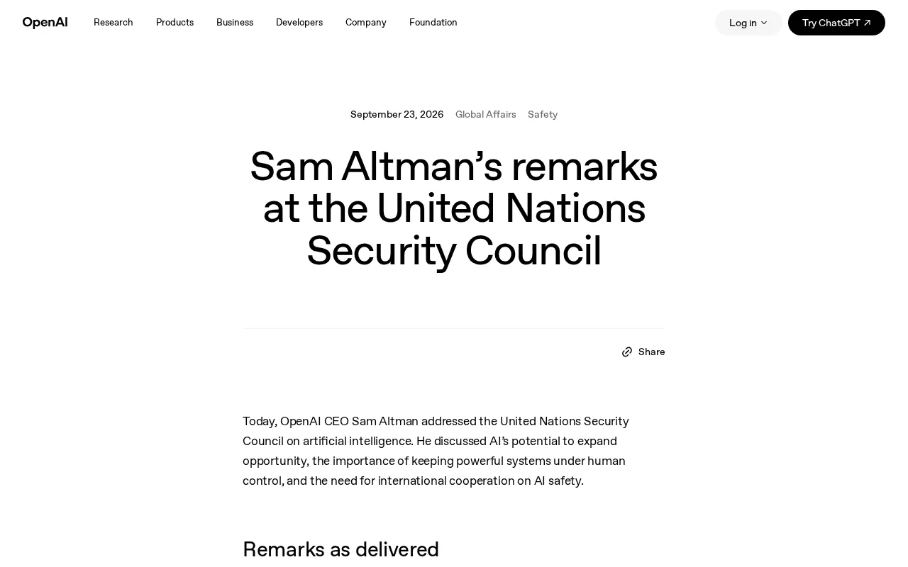 Sam Altman Addresses the UN Security Council: AI Safety, Human Control, and International Cooperation