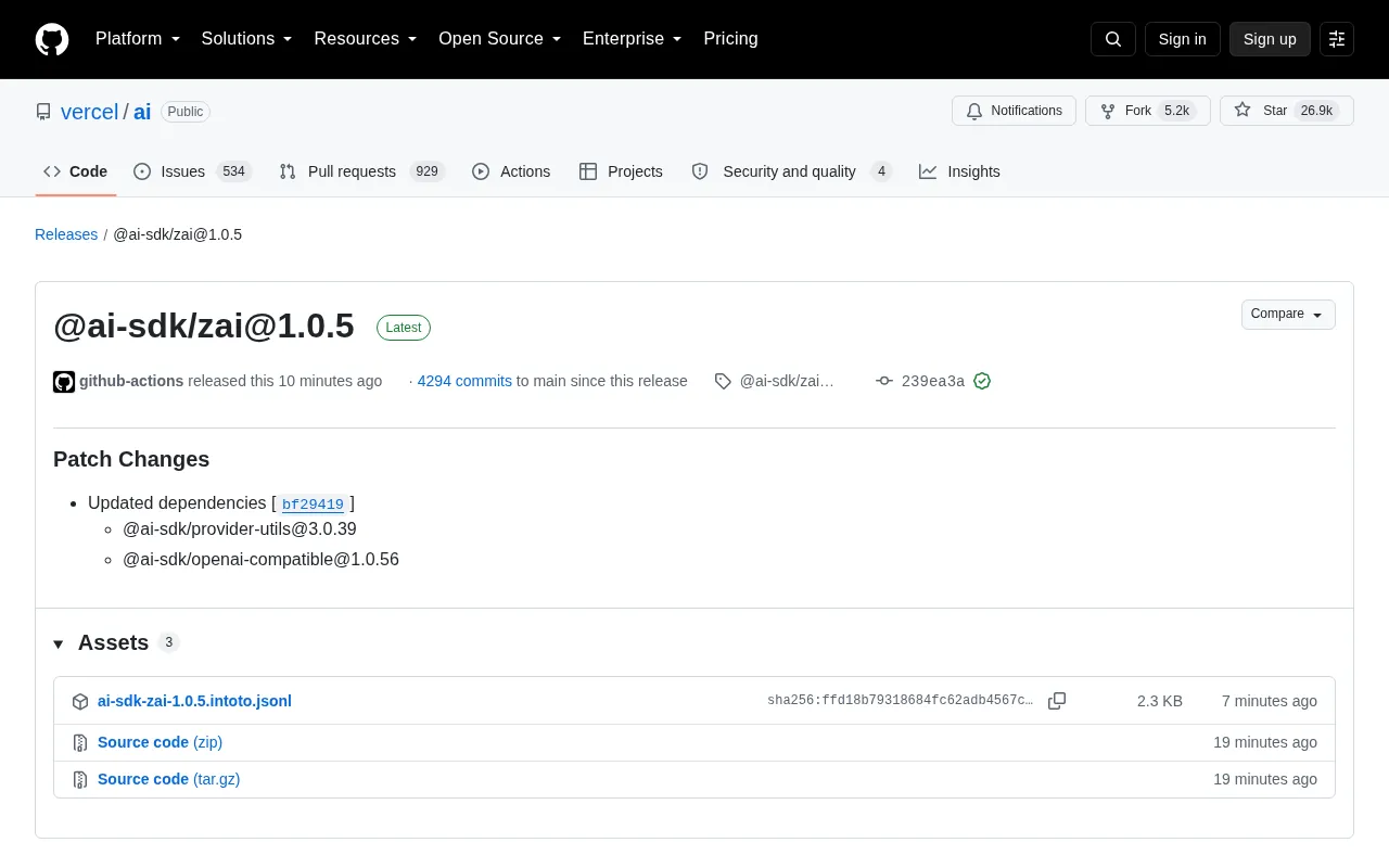 @ai-sdk/zai@1.0.5 Released: A Patch Update for Vercel AI SDK