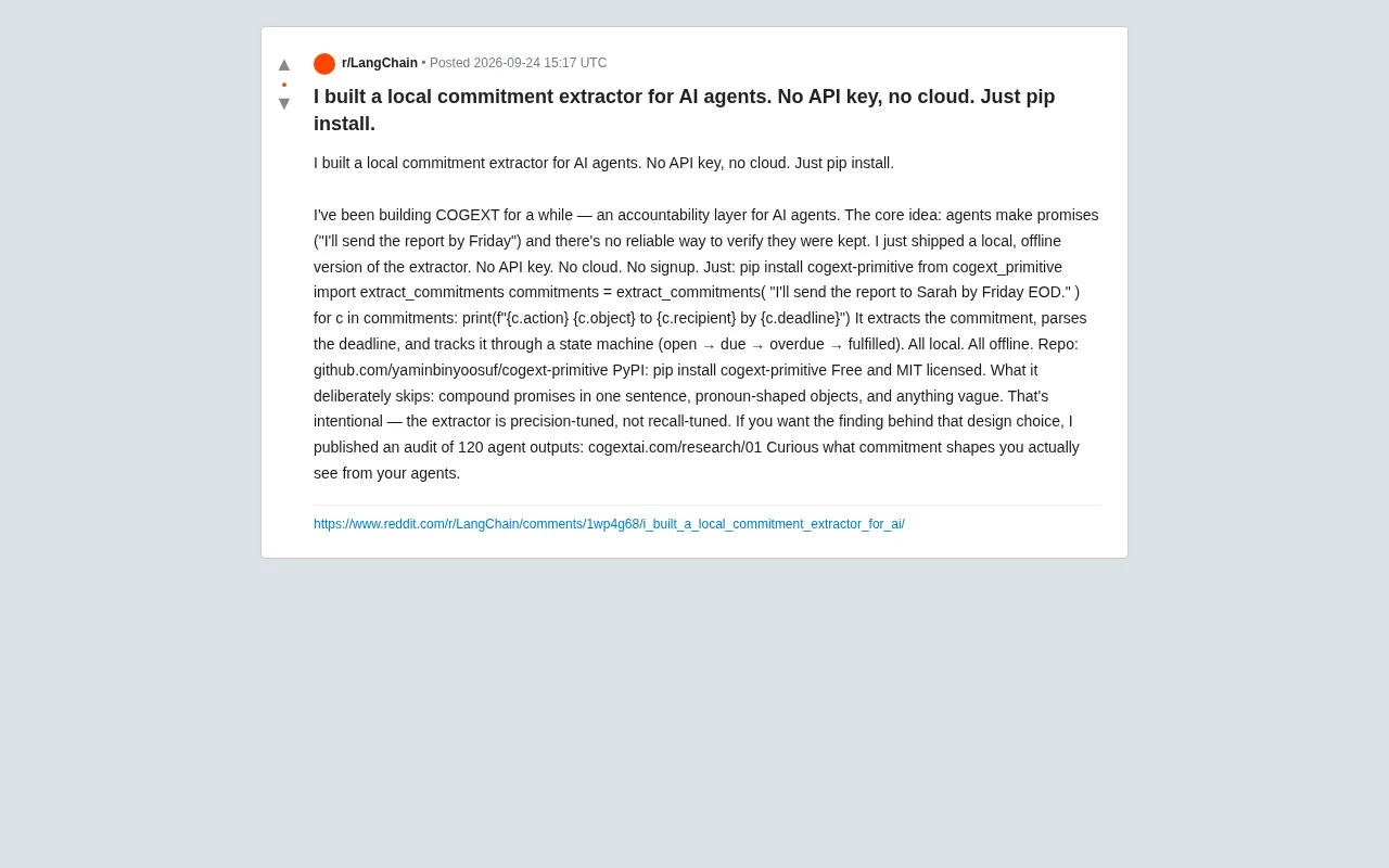 reddit source: I built a local commitment extractor for AI agents