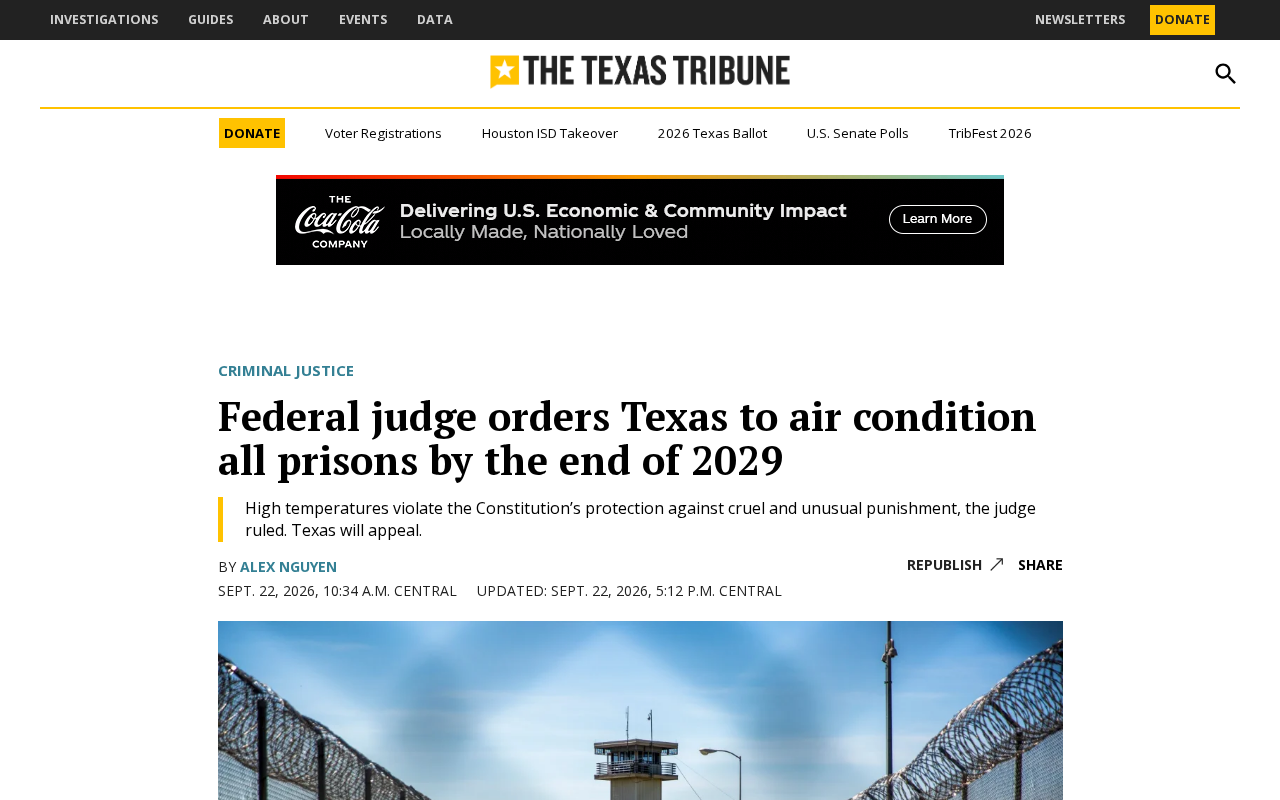 联邦法官裁令:得州须在2029年底前为所有监狱安装空调