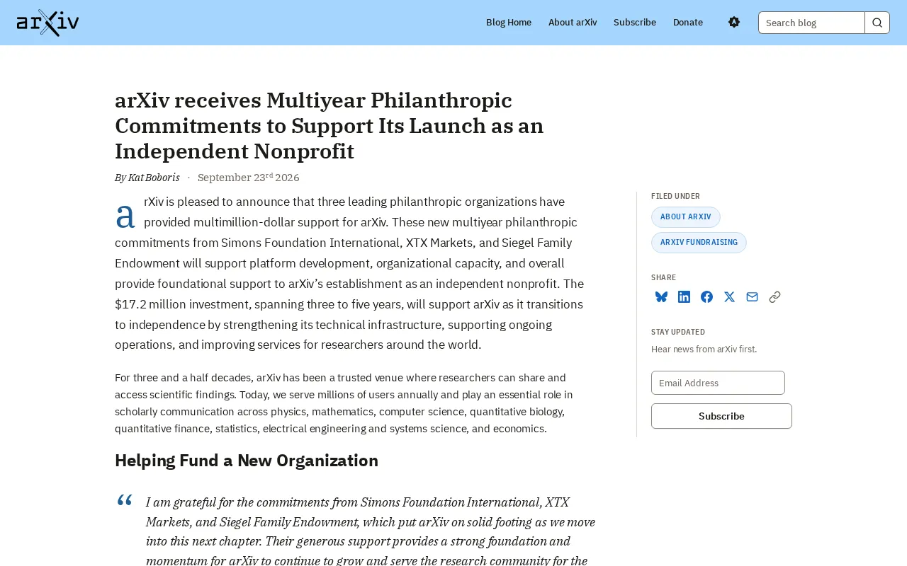 arXiv Secures Multi-Year Funding Commitment, Transitions to Independent Nonprofit