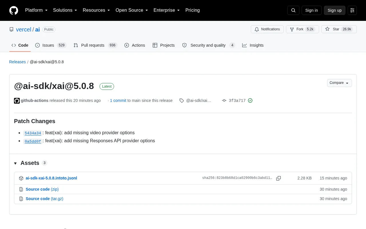 Vercel AI SDK xAI 5.0.8 Release Page