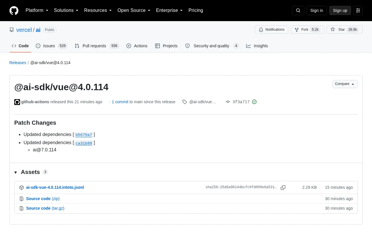 Vercel AI SDK Vue 4.0.114 Released: Dependency Update Overview