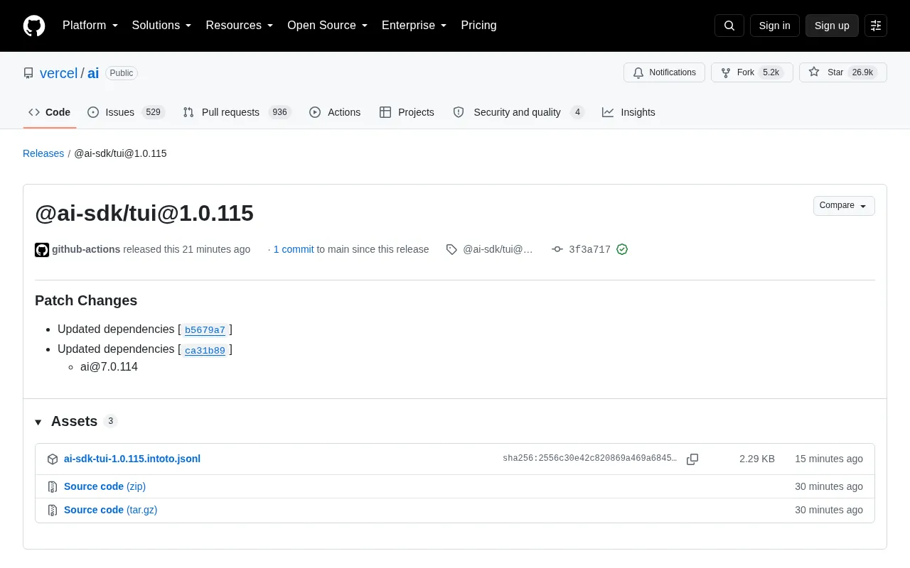 Vercel AI SDK Releases @ai-sdk/tui 1.0.115 Patch Update