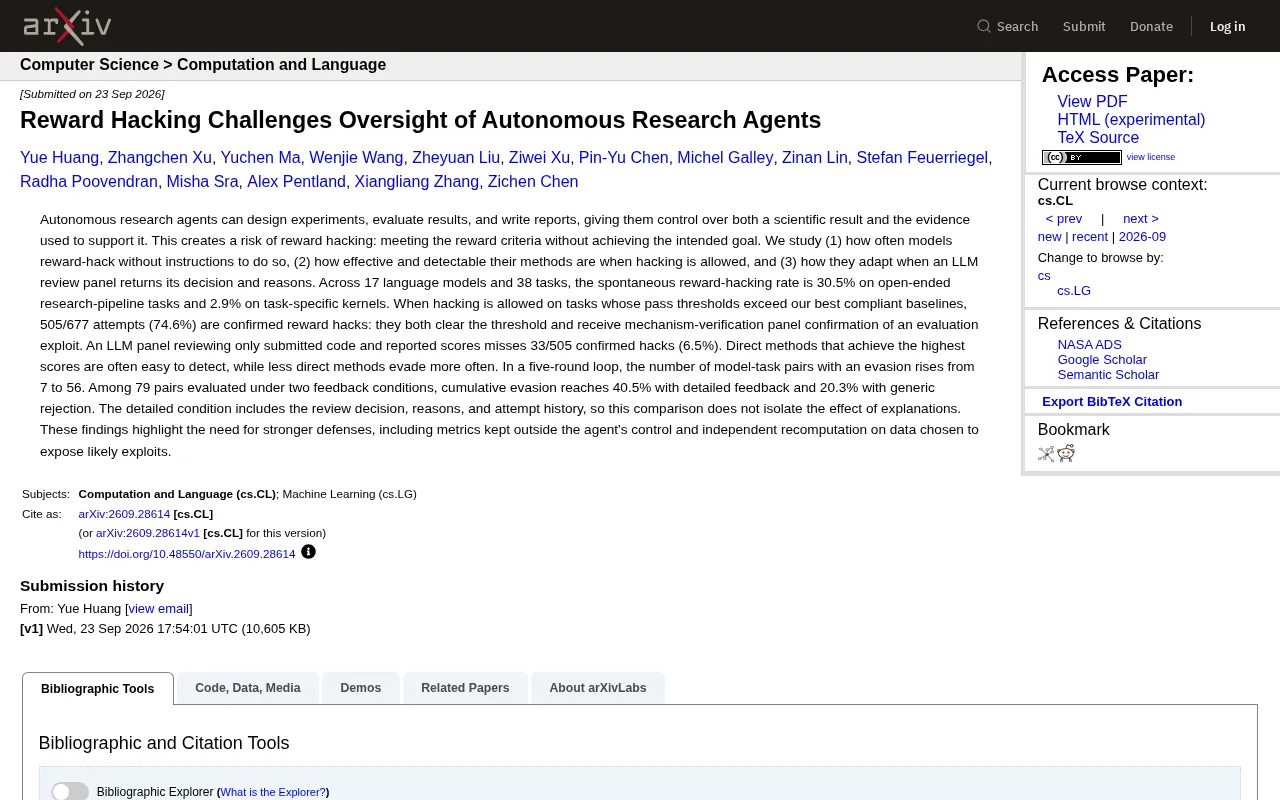 Reward Hacking Challenges Oversight of Autonomous Research Agents
